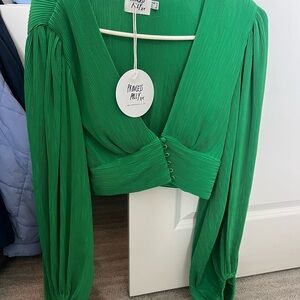 Princess Polly Green Cropped Blouse with Bishop Sleeves